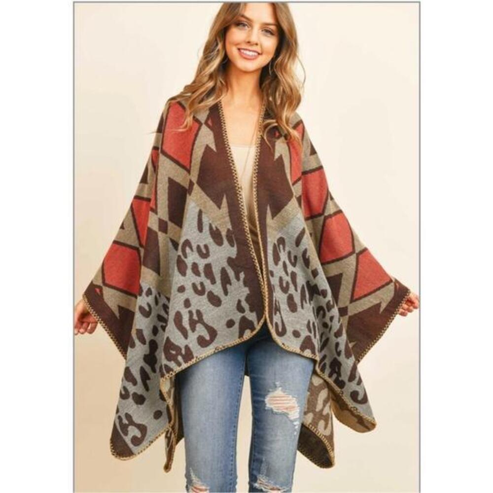 Chevron Leopard Print Sweater Open
Front Poncho